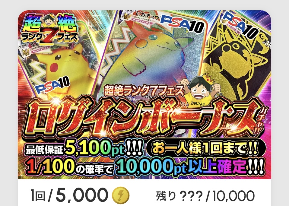 超絶ランク7フェス「ログインボーナスガチャ!!（一口5,000pt）」