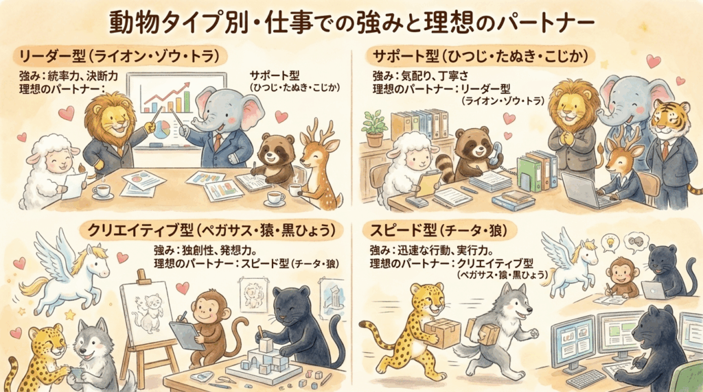 動物タイプ別・仕事での強みと理想のパートナー