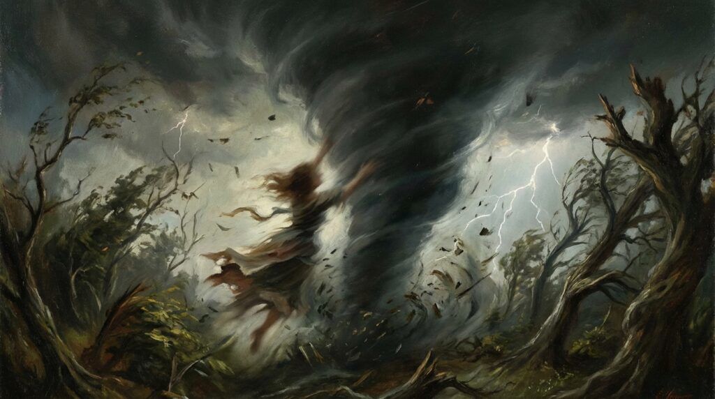 竜巻に巻き込まれる夢が示す不安やコントロールできない状況を表したイメージ