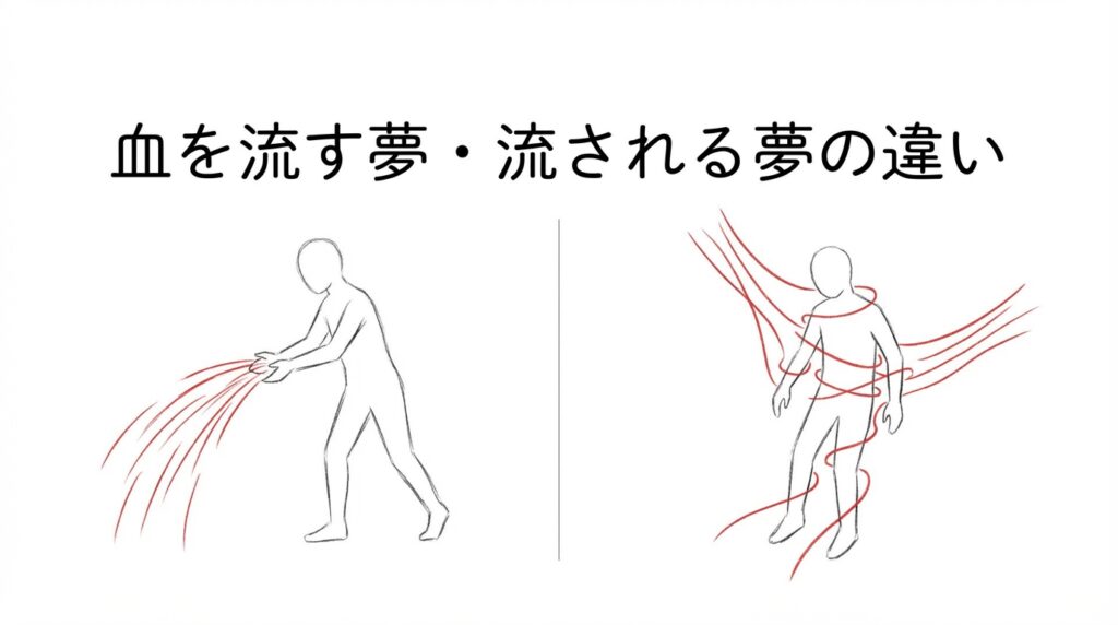 血を流す夢と血を流される夢の違いを対比したイメージ