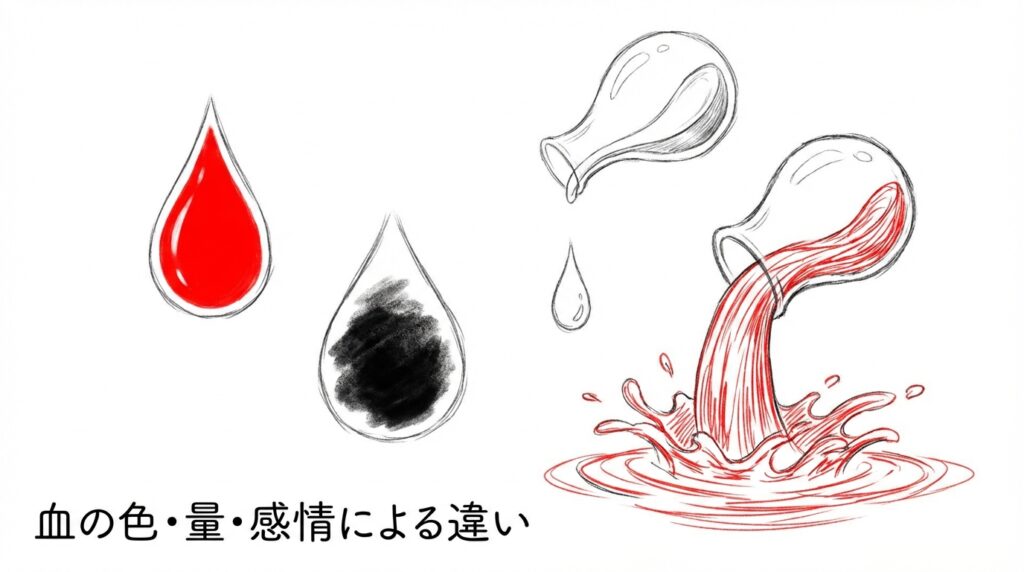 血の色や量感情の違いによる夢占いの解釈を表現したイメージ