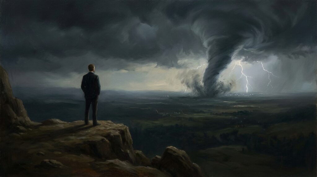 竜巻を遠くから見ている夢が象徴する客観視や心の距離感を示すイメージ