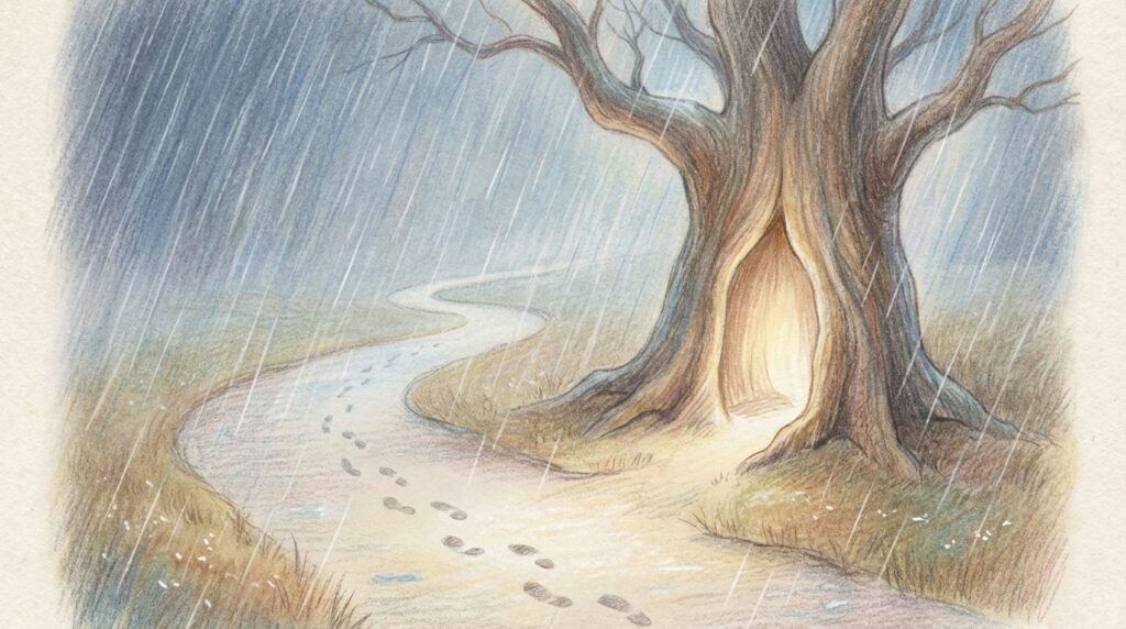大雨の中での行動が示す意味や向き合い方を表したイメージ