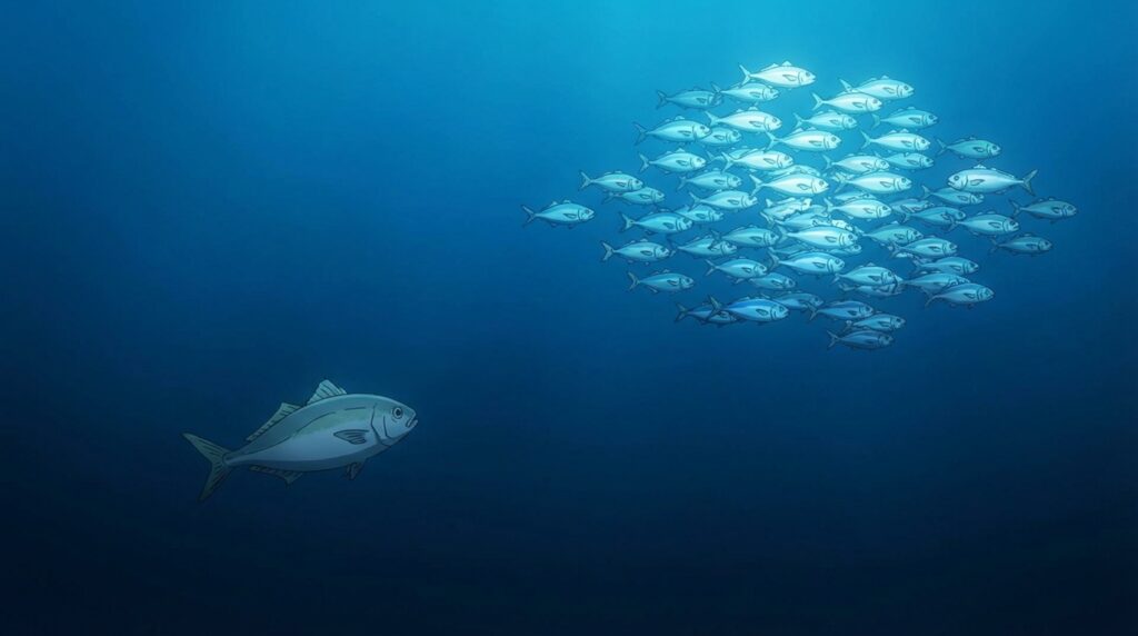 大きな魚と小さな魚の違いから読み解く夢占いの意味を示すイメージ
