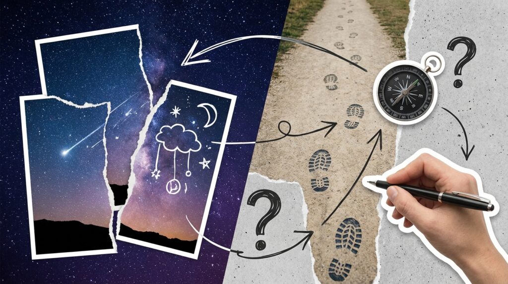 流れ星の夢を前向きに活かす考え方や意識の向け方を表したイメージ