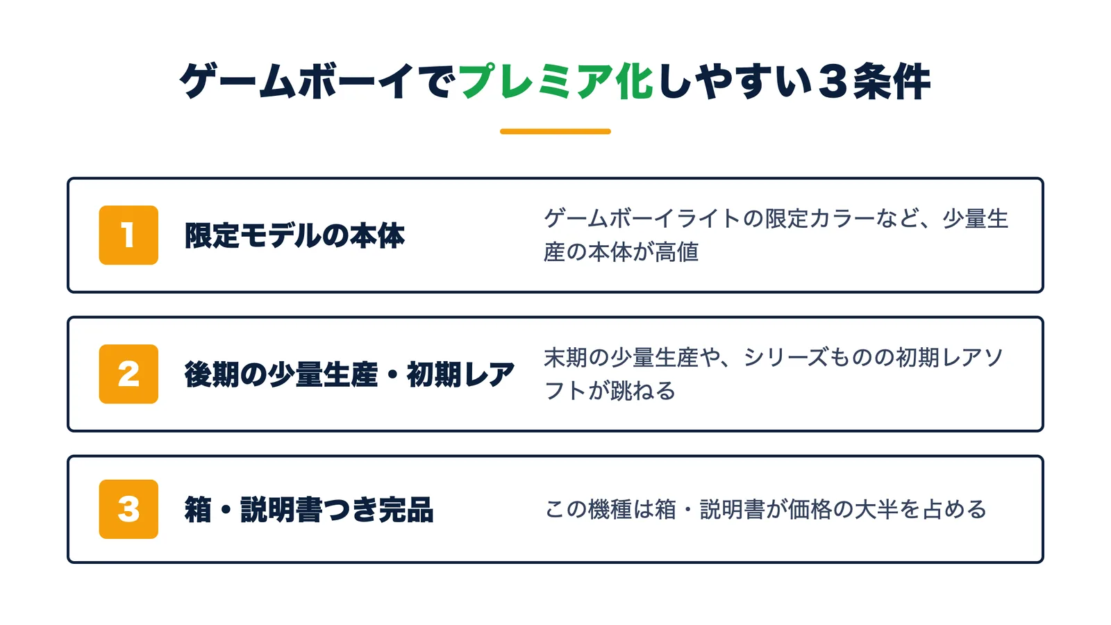 ゲームボーイでプレミア化しやすい3条件。限定モデルの本体・後期の少量生産や初期レアソフト・箱や説明書つきの完品