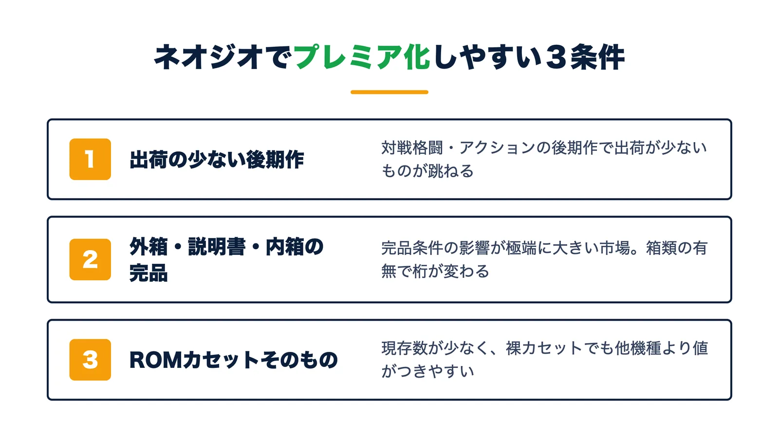 ネオジオでプレミア化しやすい3条件。出荷の少ない後期の対戦格闘やアクション・外箱と説明書と内箱の完品・現存数の少ないROMカセットそのもの