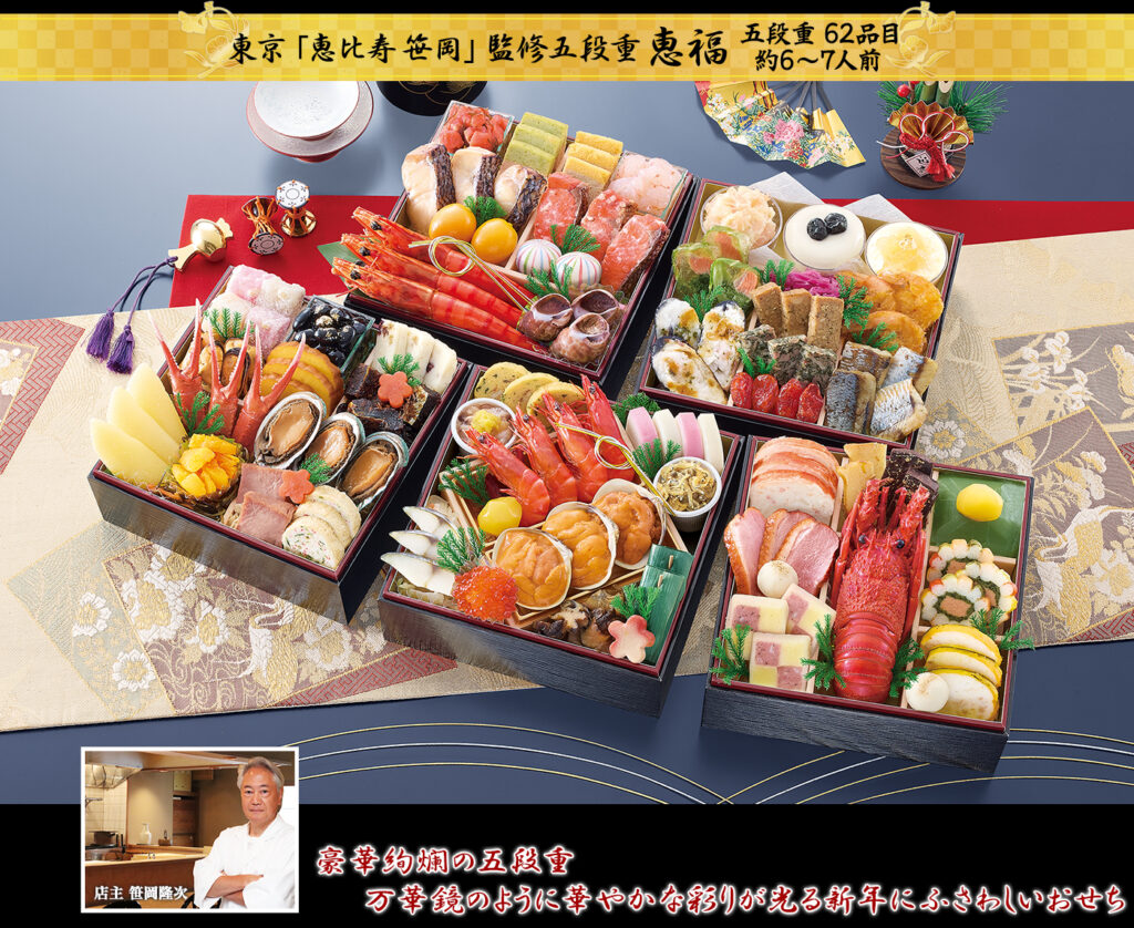 東京「恵比寿笹岡」監修「恵福（けふく）」（5段・62品・6〜7人前）おせち