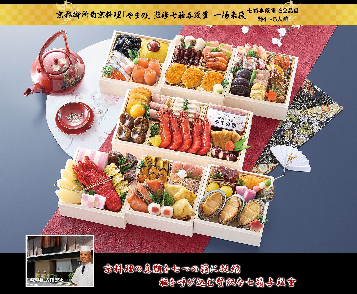 京都御所南京料理「やまの」監修 七箱与段重 一陽来復（いちようらいふく）（4段・62品・4〜5人前）おせち