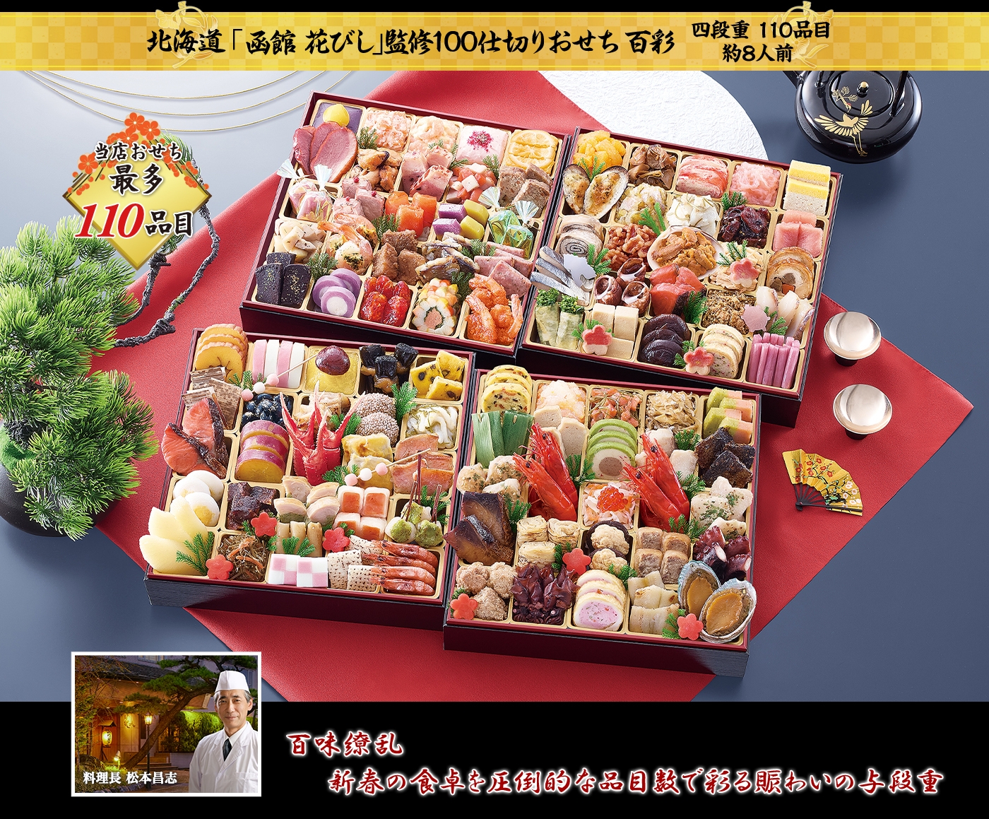 百彩（ひゃくさい）北海道函館「花びし」監修100仕切りおせち（4段・110品・8人前）おせち