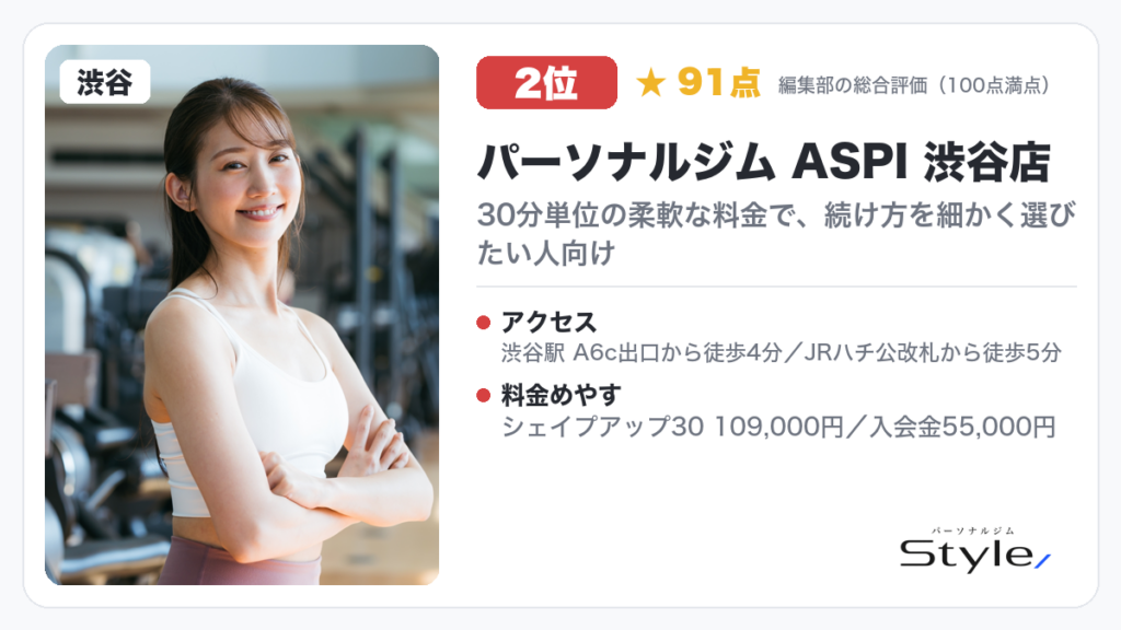 パーソナルジム ASPI 渋谷店（編集部の総合評価 91点/100）