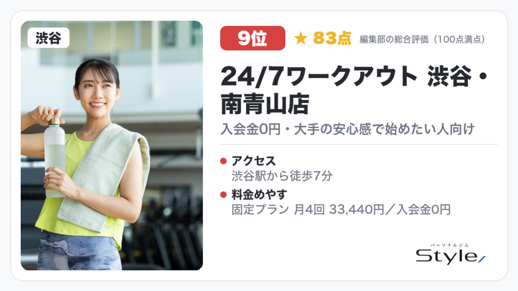 24/7ワークアウト 渋谷・南青山店（編集部の総合評価 83点/100）