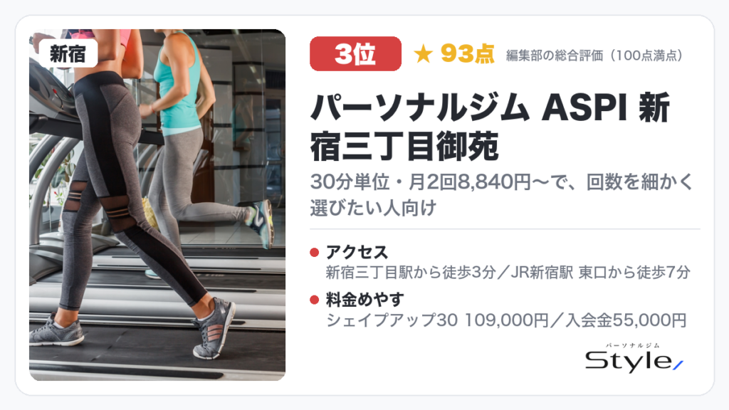 パーソナルジム ASPI 新宿三丁目御苑（編集部の総合評価 93点/100）