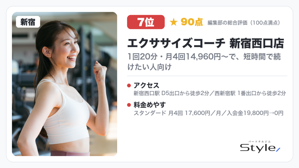 エクササイズコーチ 新宿西口店（編集部の総合評価 90点/100）