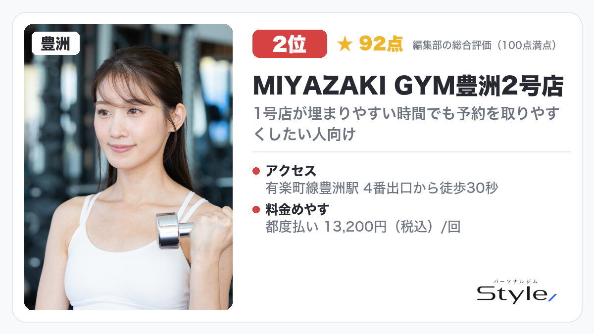 MIYAZAKI GYM豊洲2号店 イメージ画像(編集部の総合評価 92点/100・2位)