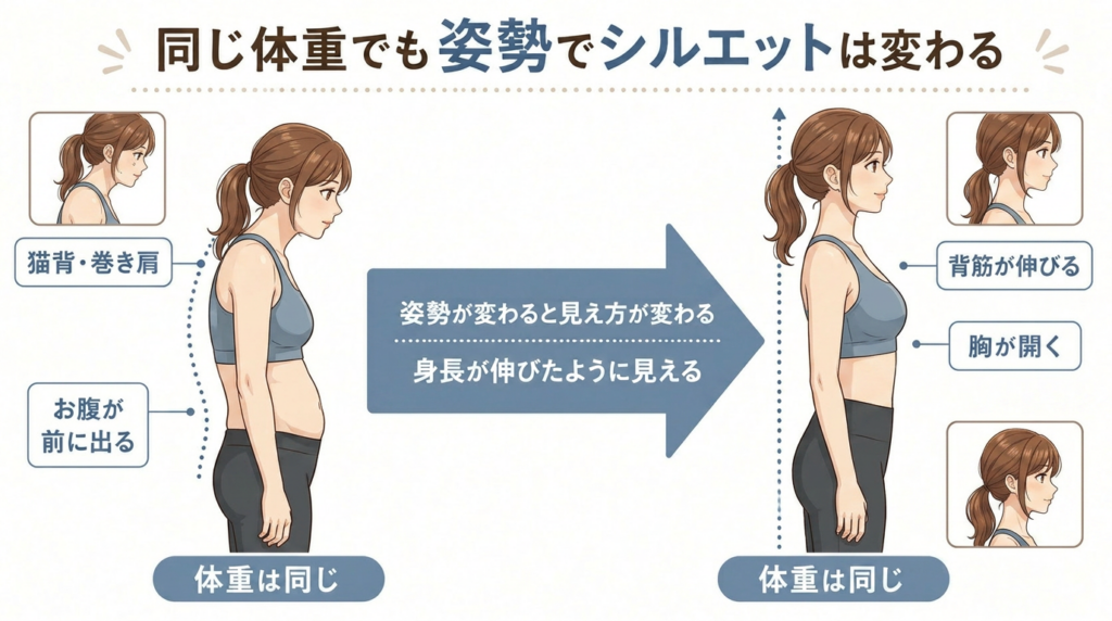 同じ体重でも姿勢でシルエットは変わる